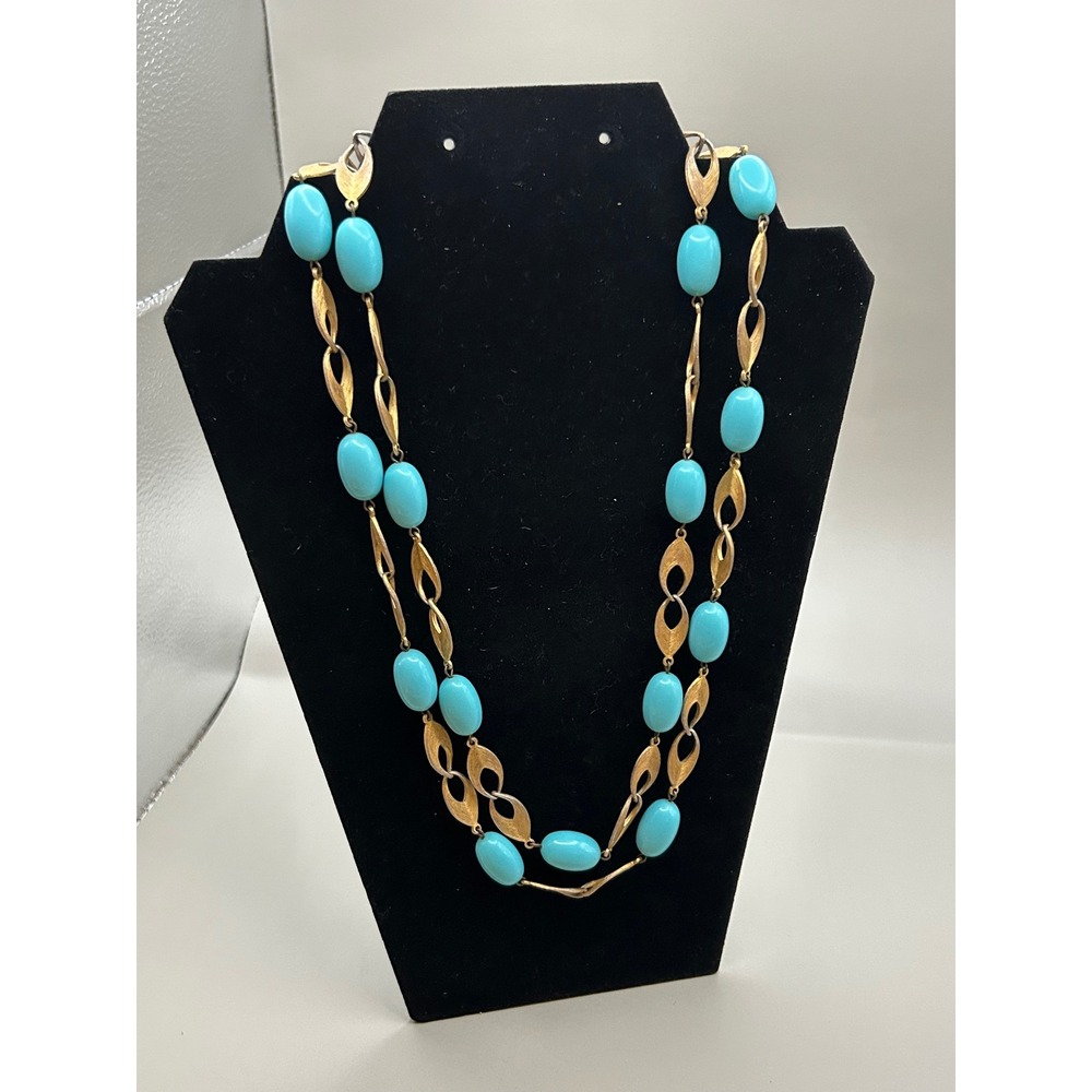 VTG Double Strand Turquoise Blue Bead Gold Leaf Link Necklace 1960 Bakelite - Picture 4 of 6